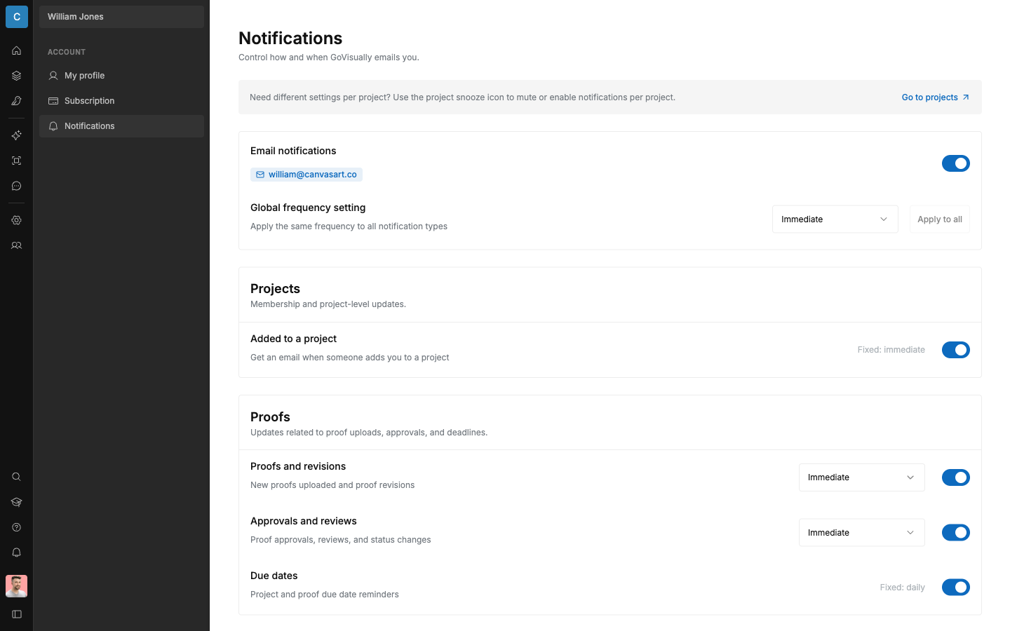 SCREENSHOT: The "Notifications" settings page with the master switch, global frequency, and event type groups
