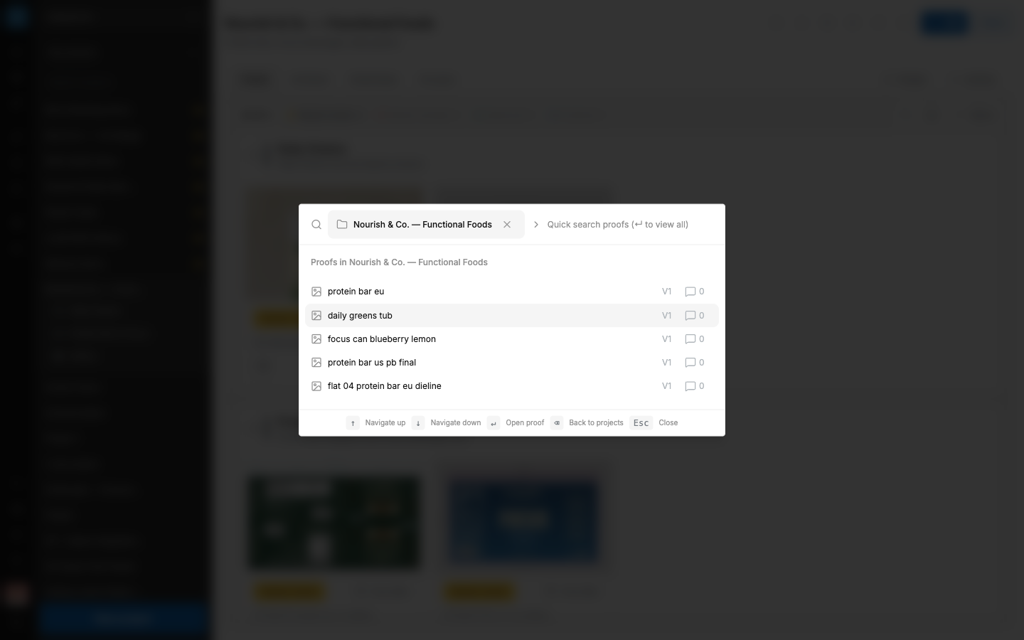 SCREENSHOT: The Quick search window with a project selected and proof results listed
