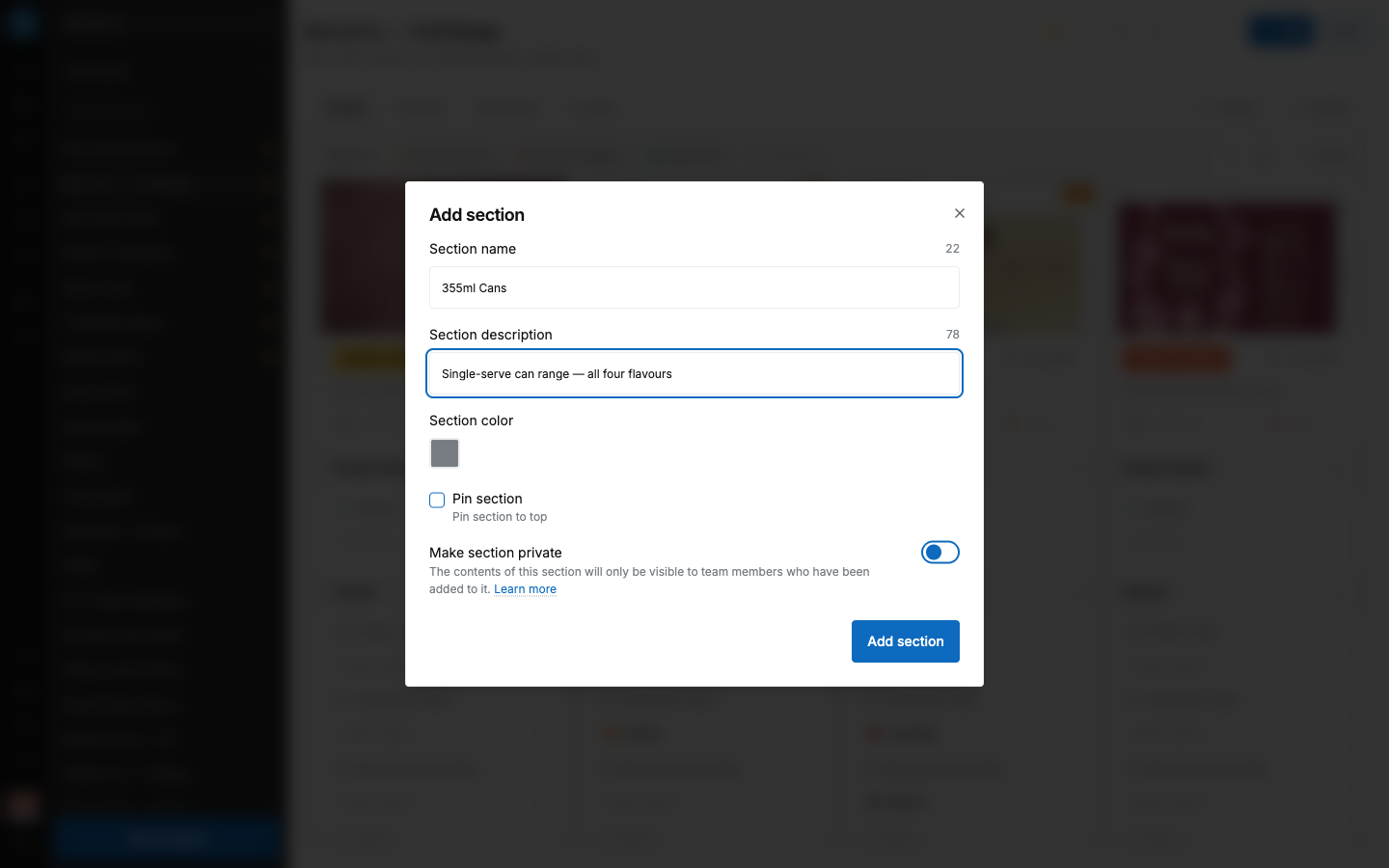 SCREENSHOT: The "Add section" window with name, description, and color fields