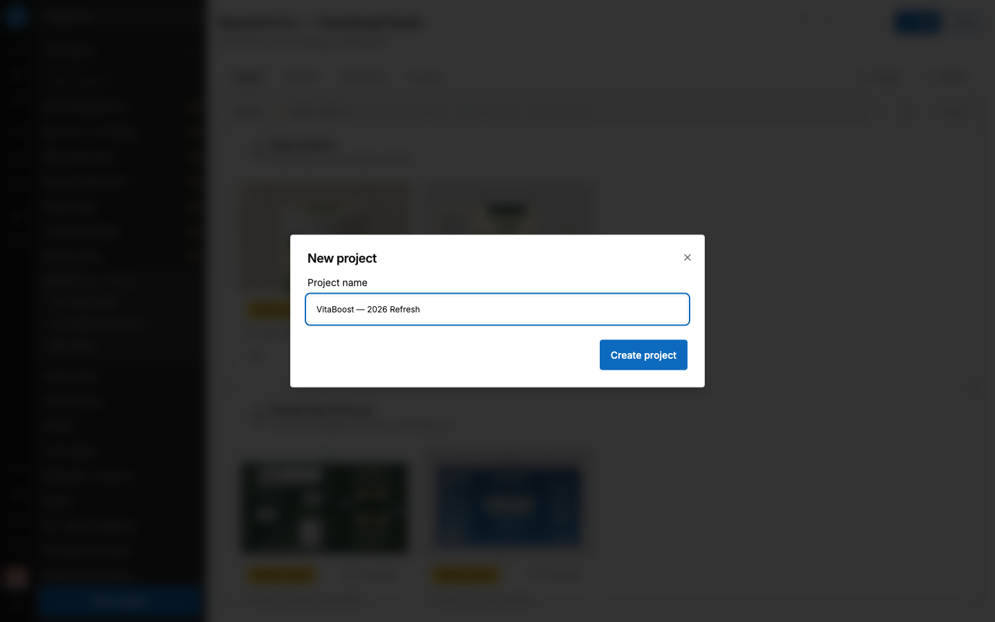 SCREENSHOT: The "New project" window with the project name field filled in