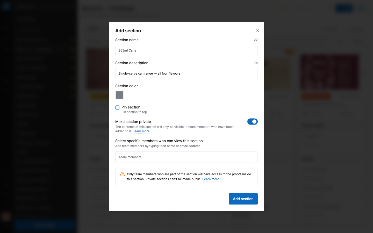 SCREENSHOT: The "Add section" window with "Make section private" turned on and a member list visible