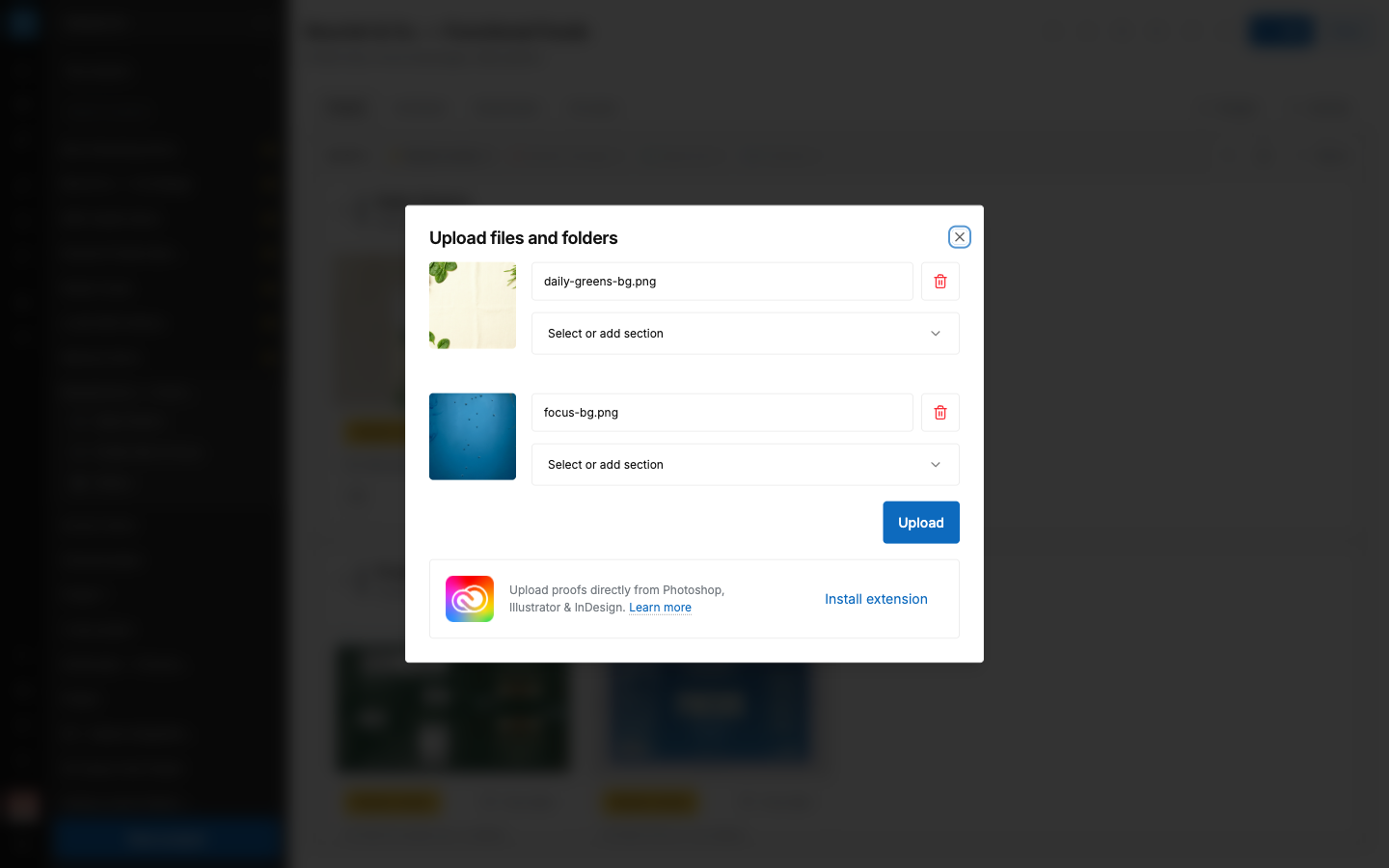 SCREENSHOT: The "Upload files and folders" window with two files queued, each with its own section field