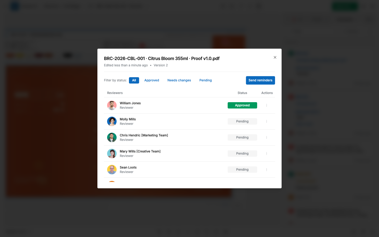 SCREENSHOT: The review status list, with one reviewer Approved and the rest Pending