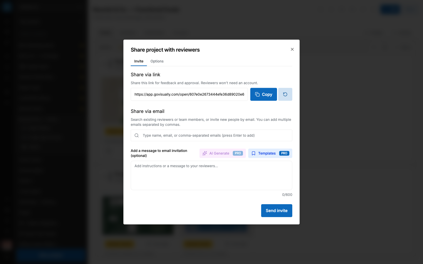 SCREENSHOT: The "Share project with reviewers" window on the "Invite" tab