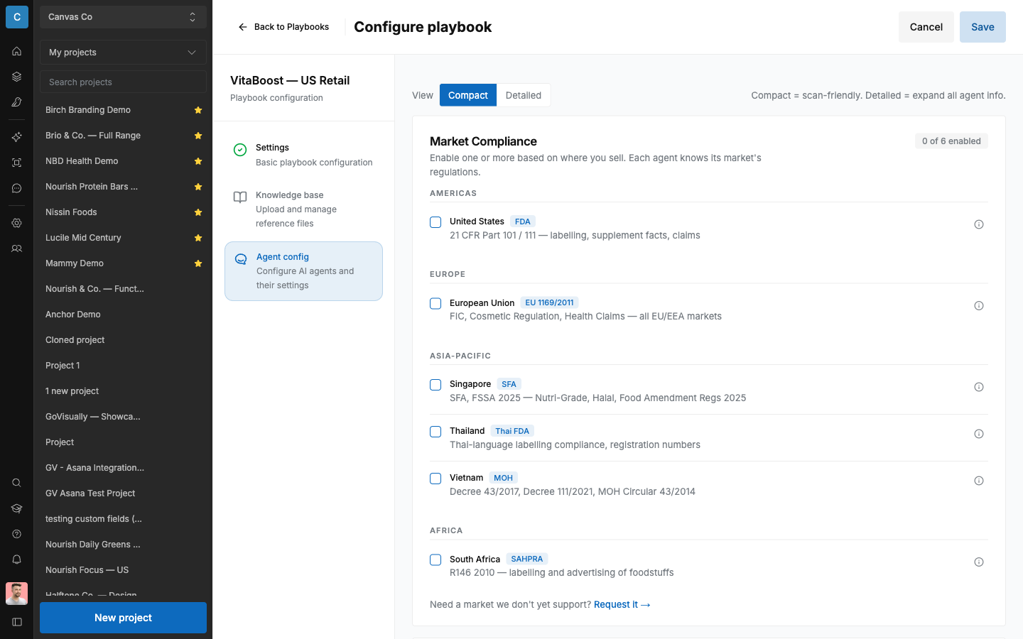 SCREENSHOT: The "Agent config" tab with Market Compliance agents grouped by region