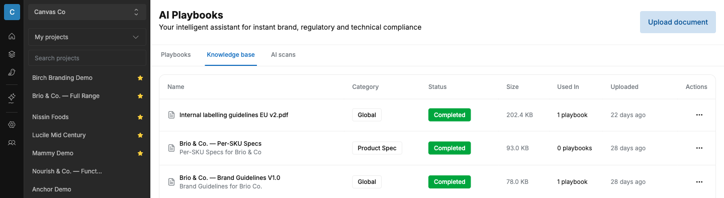 SCREENSHOT: The central Knowledge base library, with "Global" and "Product Spec" files