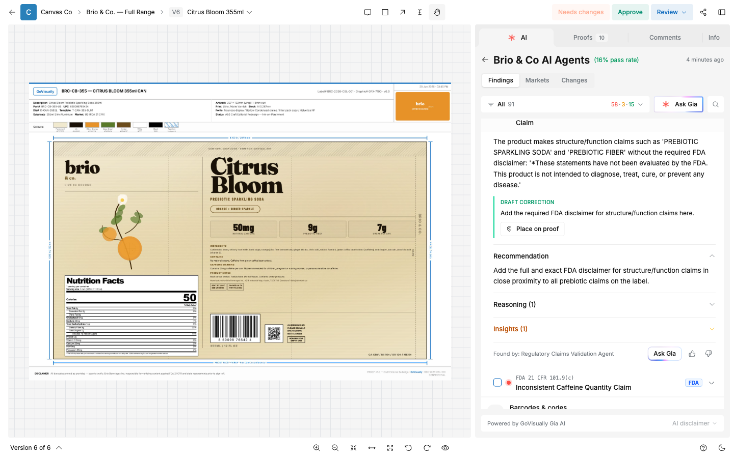 SCREENSHOT: A finding expanded, showing the claim, draft correction, recommendation, and reasoning