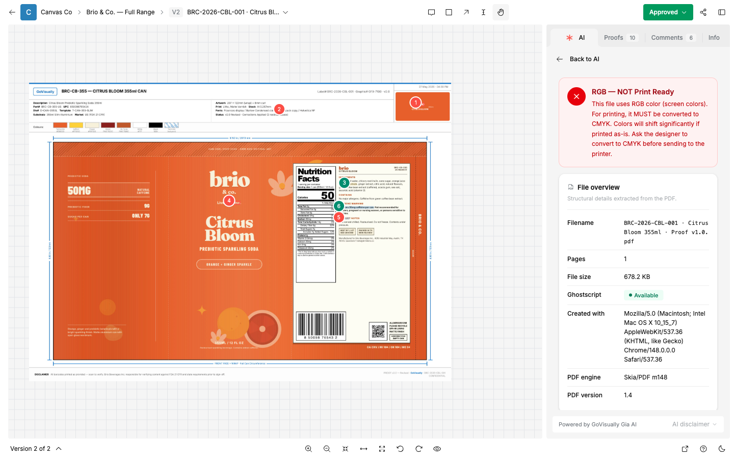 SCREENSHOT: The "Print readiness" report showing an "RGB — NOT Print Ready" result