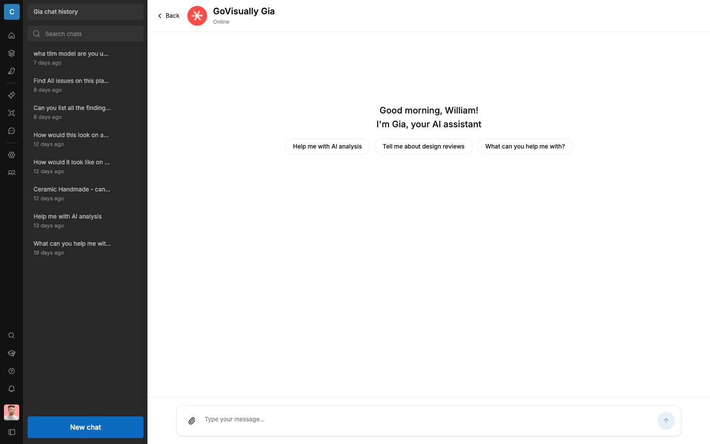 SCREENSHOT: The "Chat with Gia" screen with the greeting and suggestion chips