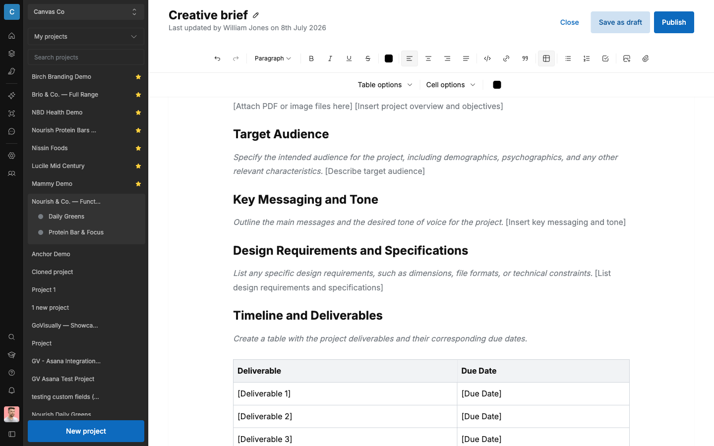 SCREENSHOT: The Smartnote editor, using the "Creative brief" template