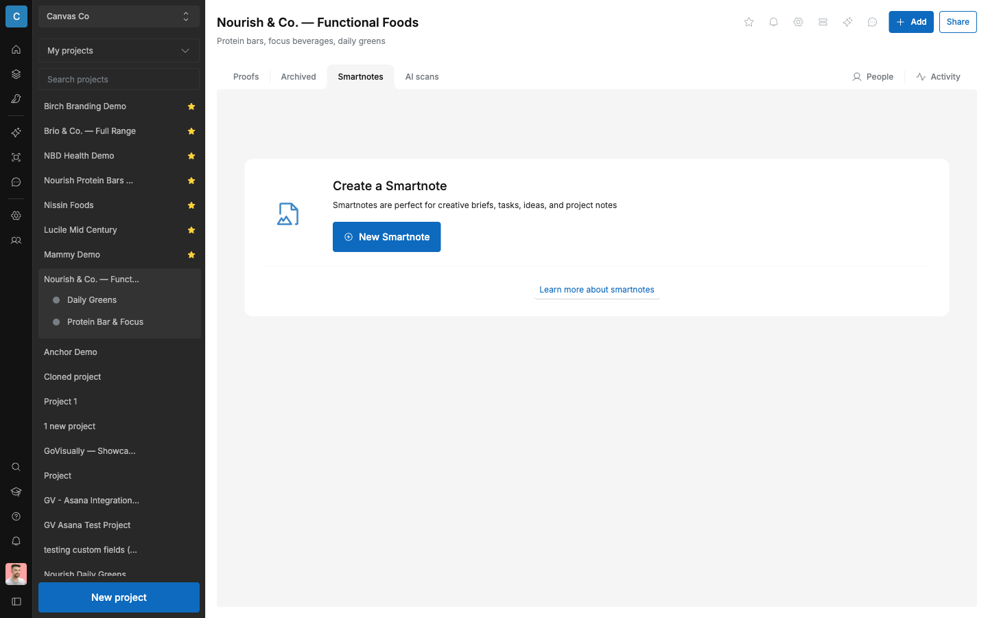 SCREENSHOT: The "Smartnotes" tab with the "Create a Smartnote" empty state